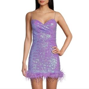 NYE Dress Sparkle B. Darlin Sequin Purple Dress Party Feather Trim Mini NWT 7/8